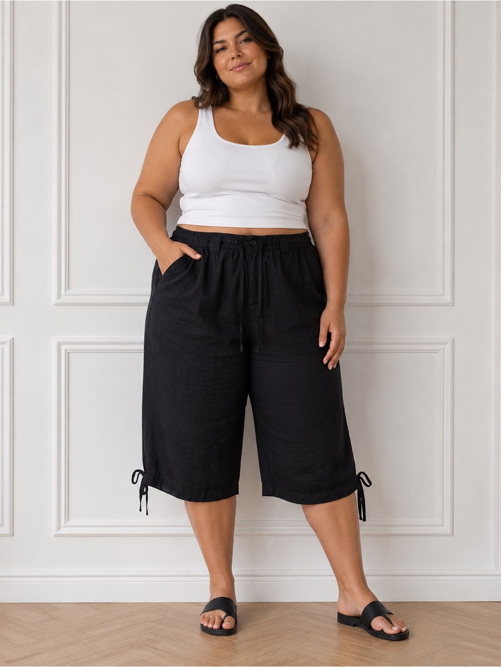 Plus Size Black Linen-Blend Drawstring Crop Trousers